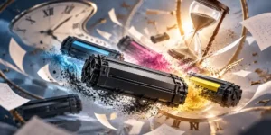 Canon純正トナーの販売終了をイメージした画像。複数のトナーカートリッジと歪んだ時計、砂時計が描かれている